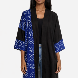 Ankara Kimono Jacket – Elegant African Print Layering Piece (Black/Blue)