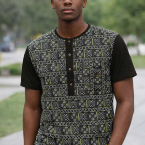Men’s Shweshwe Eagle Eye Print Shirt with Black Sleeve
